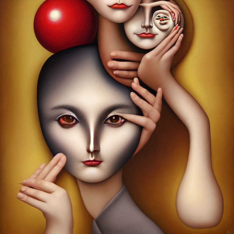 Colorful surreal artwork featuring face with multiple hands and masks, balancing red ball