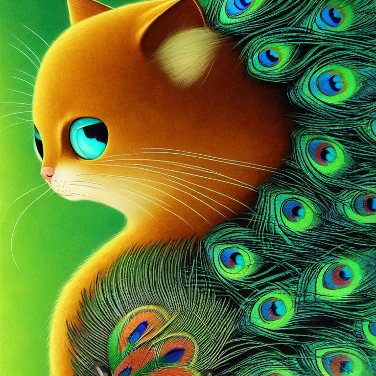 Colorful digital artwork: orange cat with peacock feather tail