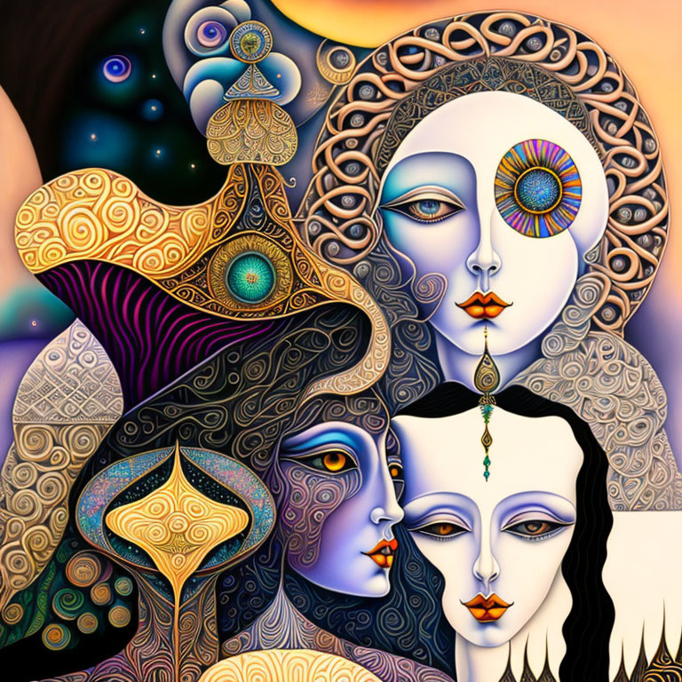 Abstract art: Stylized faces with intricate patterns and cosmic motifs on colorful background