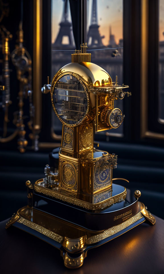 Golden mechanical device with Eiffel Tower view at dusk