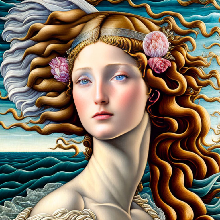 Surreal digital art: Woman with wavy hair & sea elements