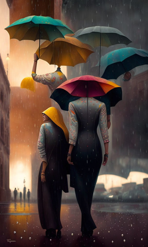 Colorful Umbrellas Walking in Rainy Cityscape