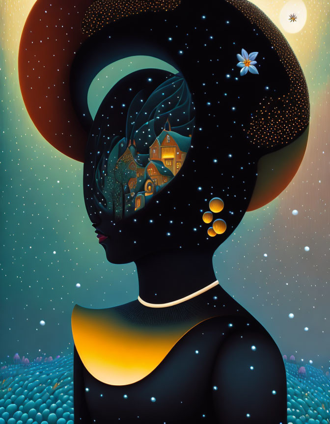 Female silhouette with cosmic scene in head: village, stars, celestial bodies against night sky.