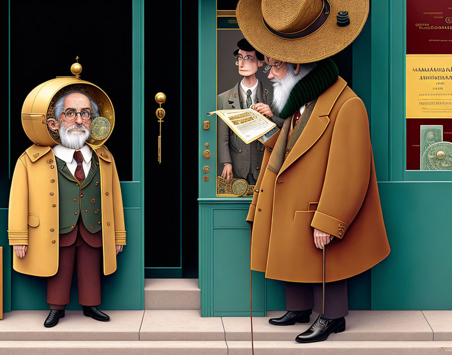 Elderly gentlemen in vintage attire with oversized glasses by green door