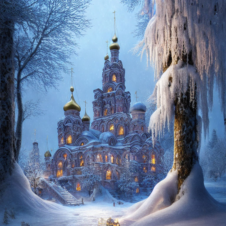 Snowy landscape with onion domes cathedral at twilight