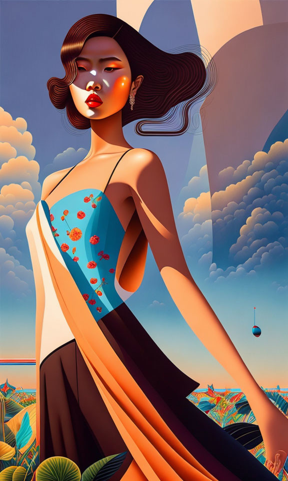 Illustration of woman with flowing hair in elegant dress against surreal landscape