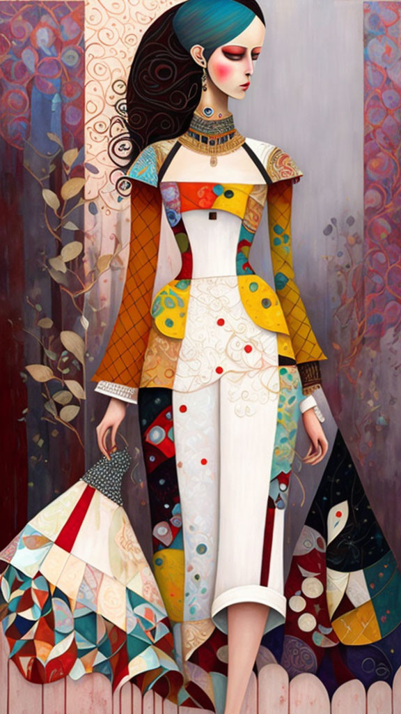 Illustration of woman in patchwork dress with geometric patterns, warm and cool tones, floral background