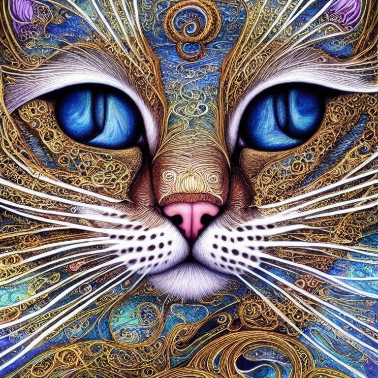 Intricately designed cat with deep blue eyes and ornate patterns