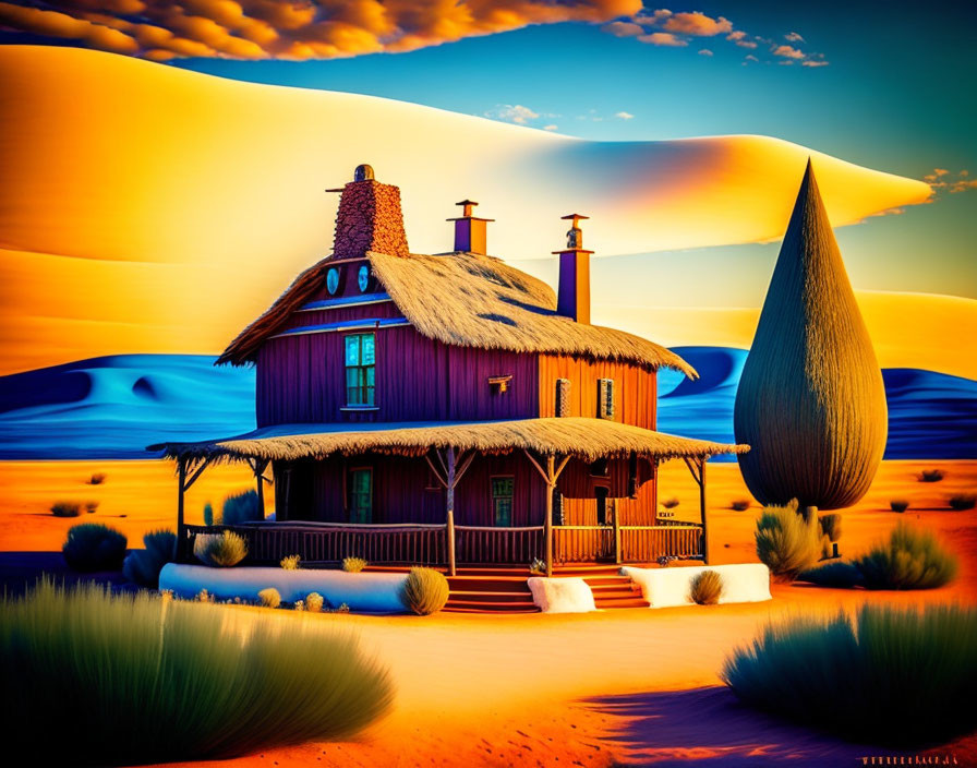 Colorful whimsical house in desert sunset scene with conical roof