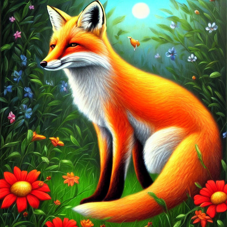 Colorful Illustration: Red Fox in Floral Setting with Sunlit Background