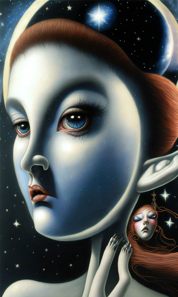 Stylized female figures with cosmic features and planets in starry background