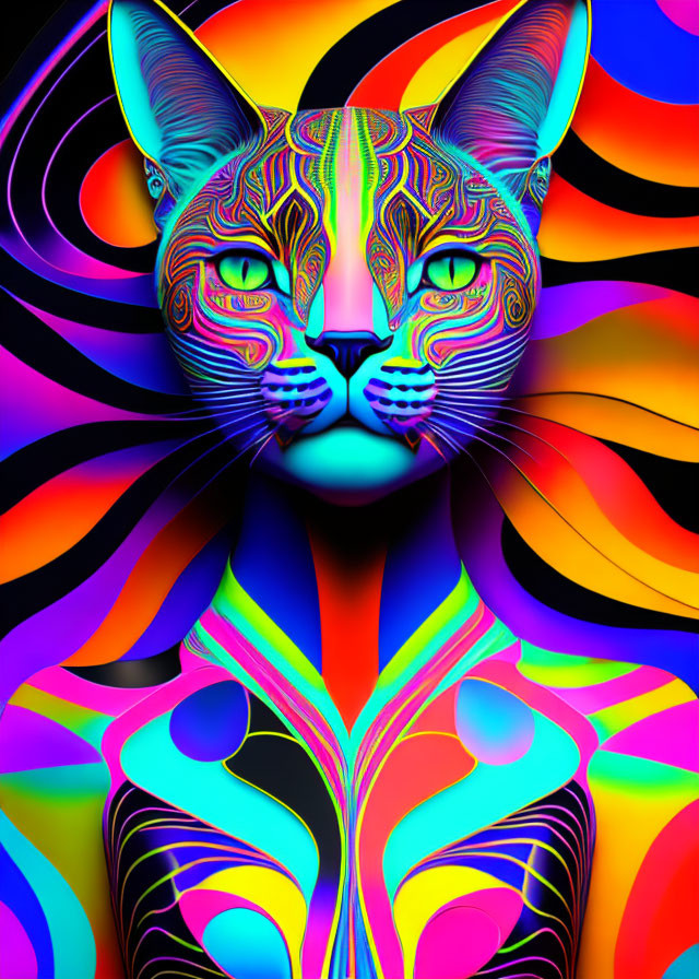 Colorful Psychedelic Cat Artwork Against Rainbow Background