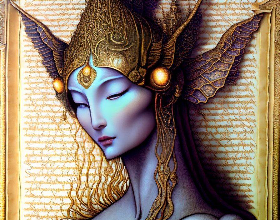 Fantasy character with blue skin and golden headdress on scripted background