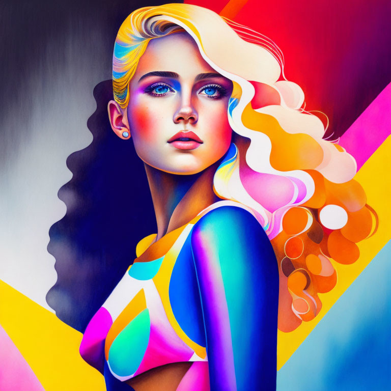 Colorful digital portrait of a woman with multicolored hair and blue eyes on geometric backdrop