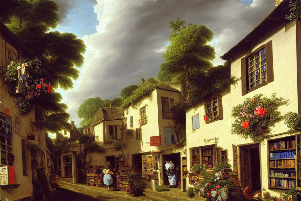 Historical street scene with bookshop, charming buildings, and people in vintage attire