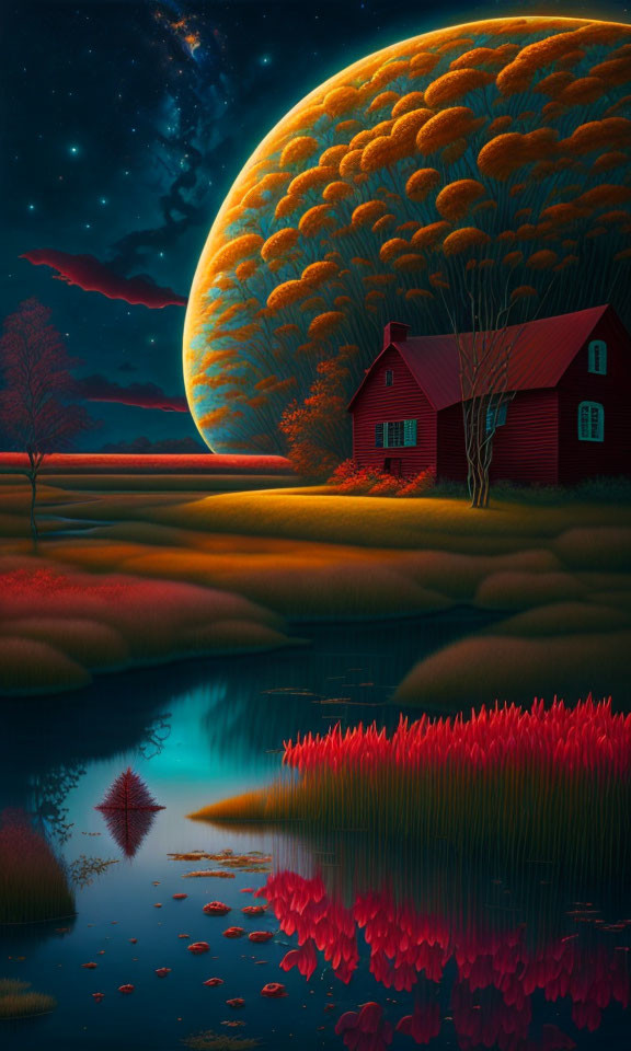 Red barn under giant moon in surreal night landscape