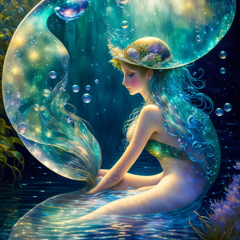 Fantasy illustration: Graceful mermaid under glowing crescent moon in underwater scene