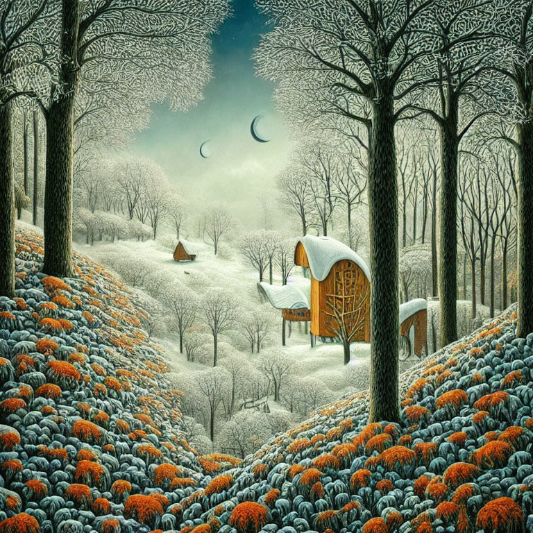 Snow-covered trees, unique house, crescent moon: whimsical winter landscape.