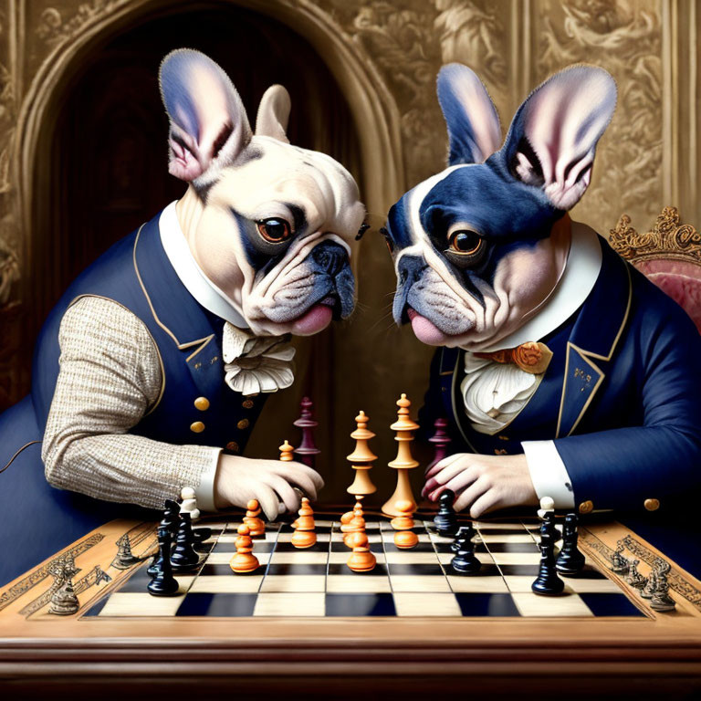 Anthropomorphic French Bulldogs Playing Chess in Suits Against Ornate Interior