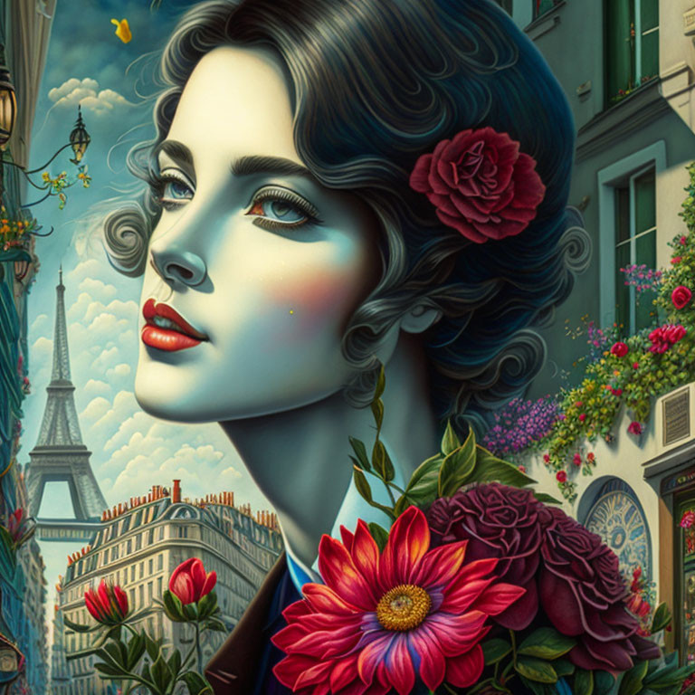 Colorful illustration: Woman with red rose in hair, Eiffel Tower backdrop, surrounded by flowers