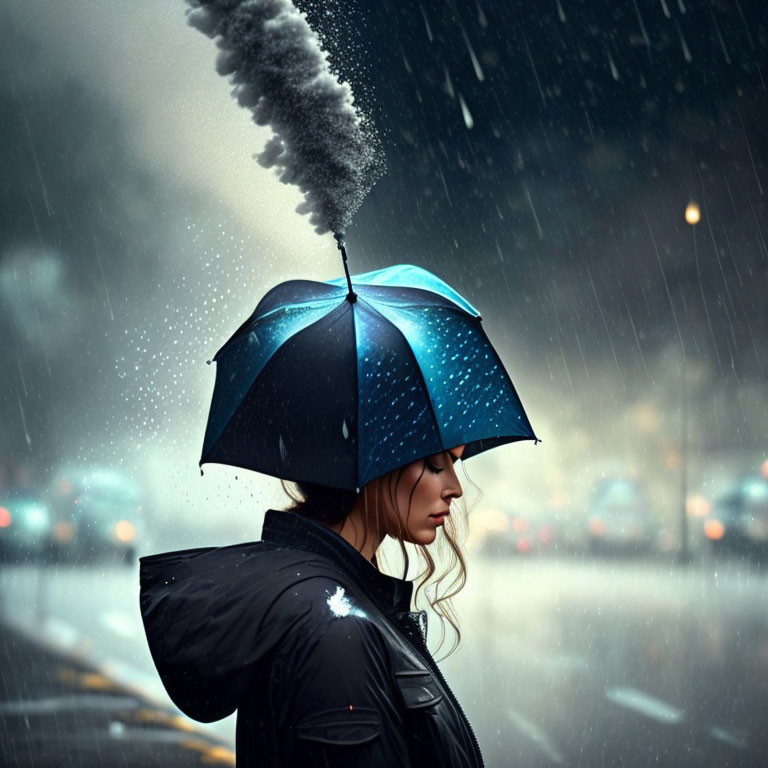 Person with Black Umbrella Standing in Heavy Rain on Wet Street