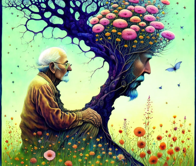 Surreal painting: Old man merging with tree under starry sky