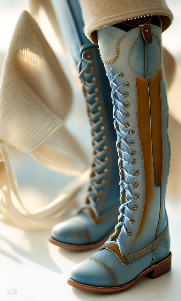 Light Blue Lace-Up Knee-High Boots with Tan Accents on Soft Background