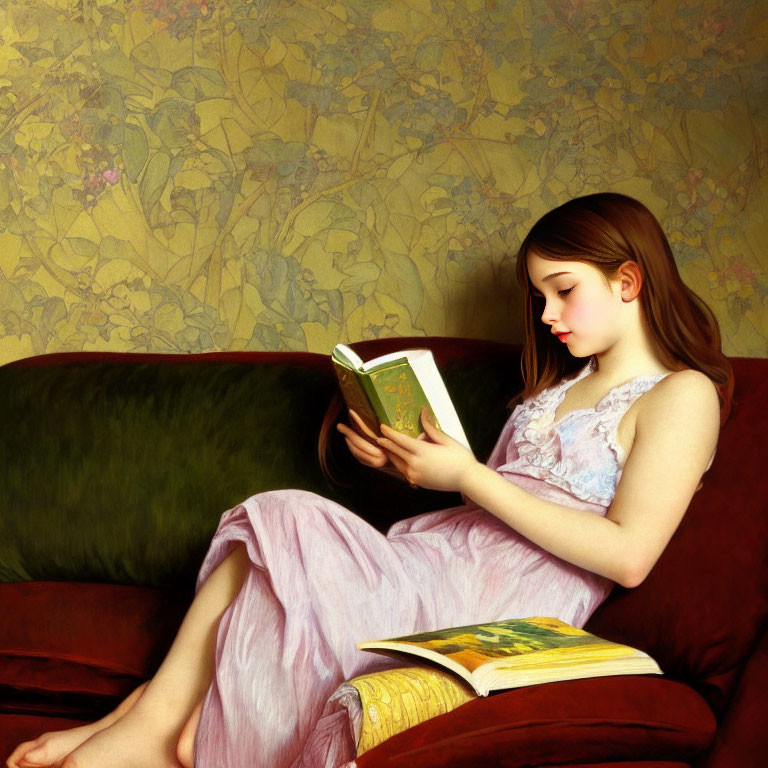 Young girl reading book on red couch