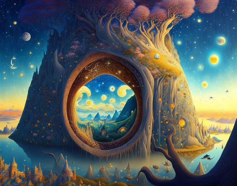 Illustration of whimsical tree portal in serene landscape