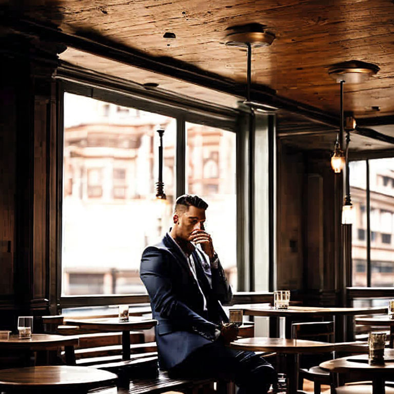 Man in suit sipping drink at rustic bar with city view