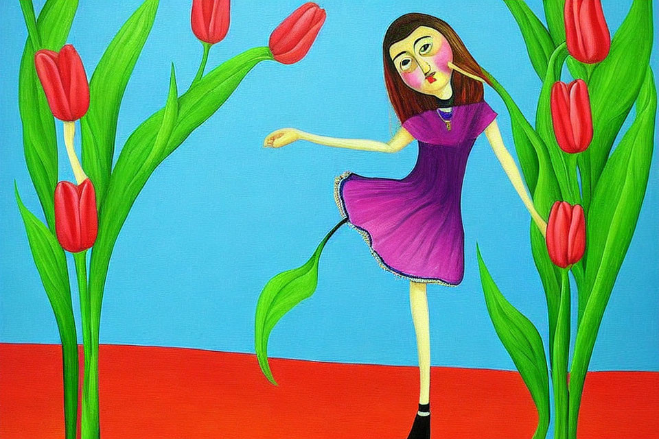 Colorful painting of stylized girl dancing among red tulips on blue background.