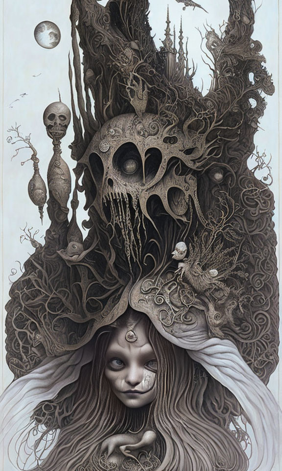 Surreal gothic fantasy artwork with woman's face and dark tree-like structures