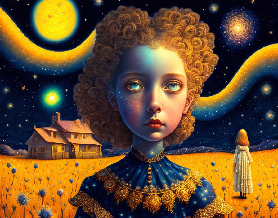 Child with cosmic features in starry field with house and figure in yellow dress.