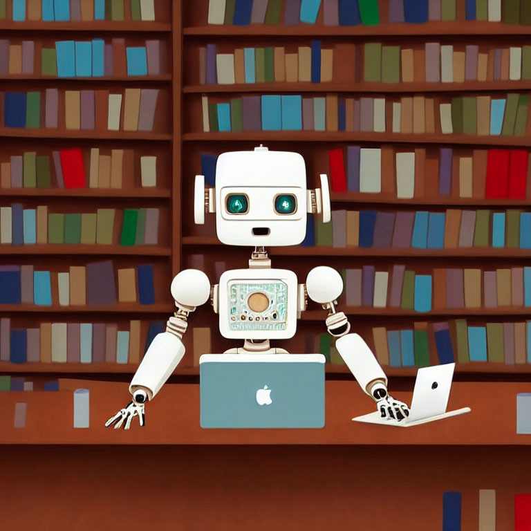 White and teal robot at wooden desk with laptop and bookshelf full of books