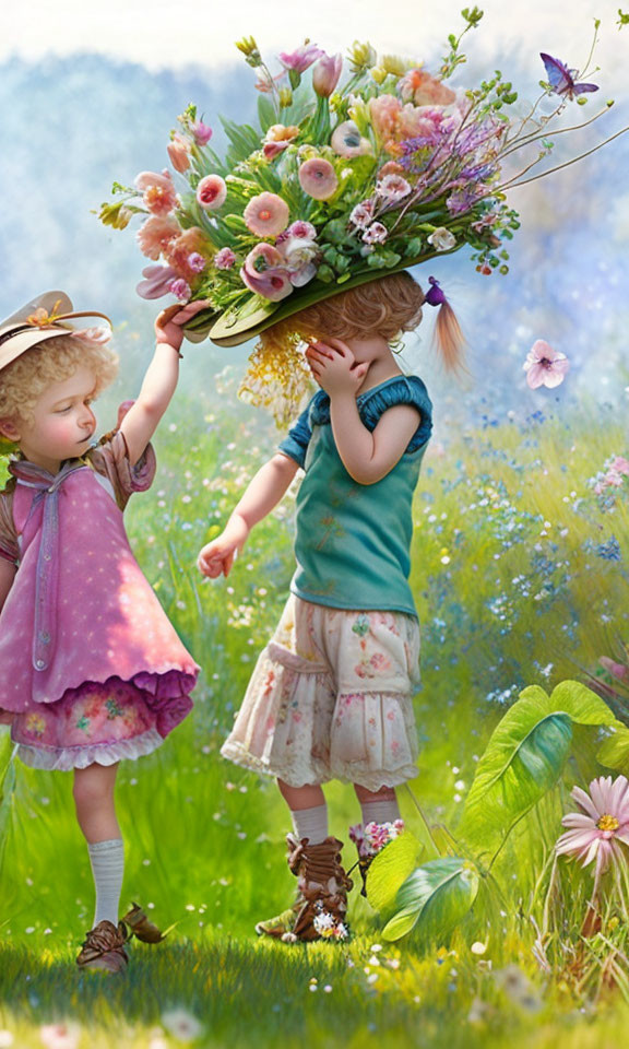 Children in sunny meadow with bouquet, butterflies, and blooming flowers