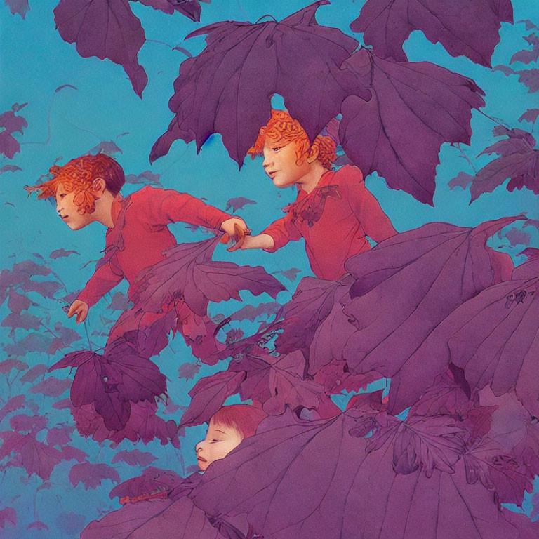 Three Characters with Reddish Hair Using Large Leaves as Umbrellas in Whimsical Blue and Purple Setting