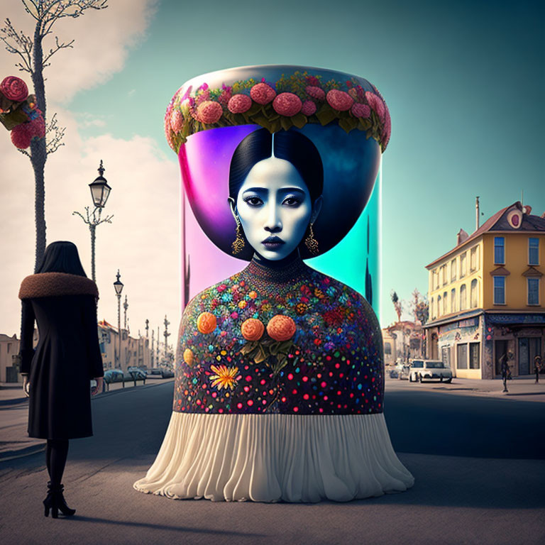 Person observing surreal street scene with ornate perfume bottle featuring woman's portrait