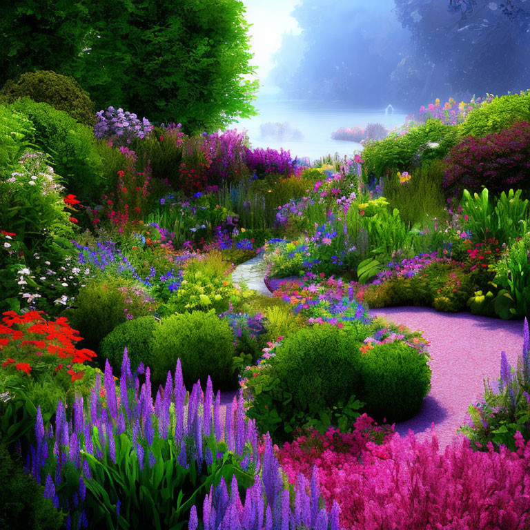 Colorful Flower-lined Garden Path with Mystical Lighting