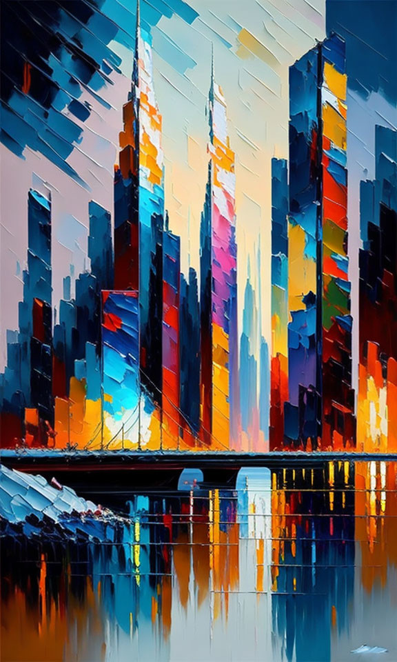 Vibrant abstract cityscape painting with skyscrapers and water reflections