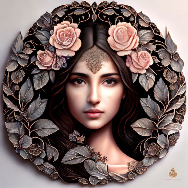 Portrait of a woman with dark hair and captivating eyes surrounded by metallic leaves and pink roses.