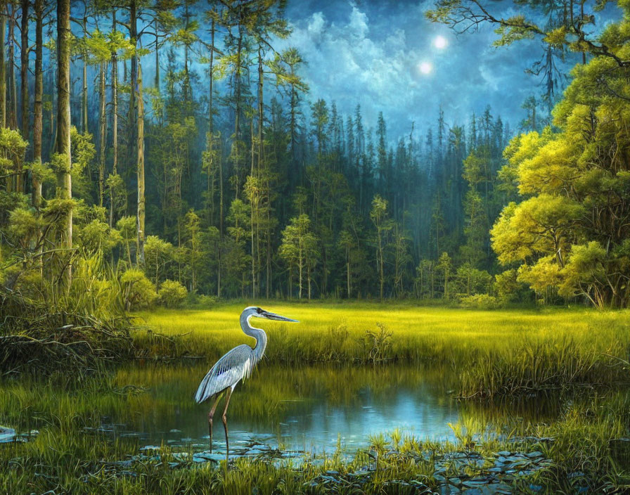 Moonlit swamp scene with heron, tall pines, green foliage, and starry sky