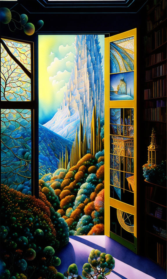 Colorful surreal landscape with architectural mix in painting