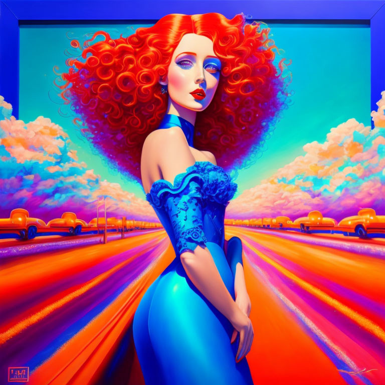 Colorful illustration: Woman with red curly hair in blue dress on vibrant, surreal road.