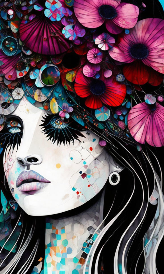 Colorful abstract artwork: Woman's face with floral and geometric elements