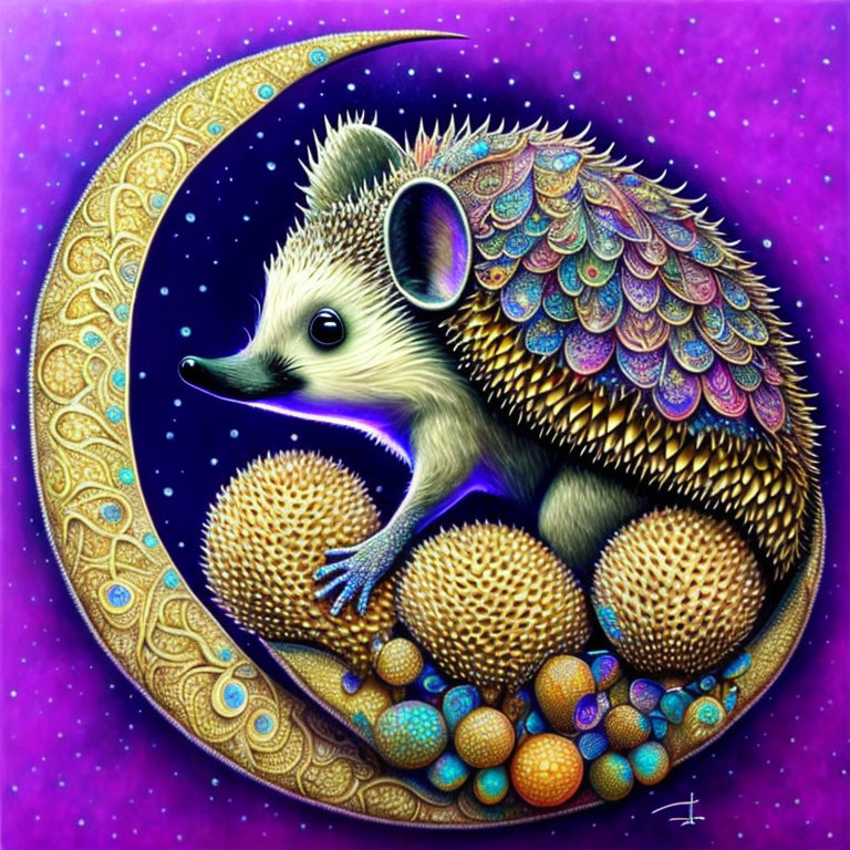 Colorful Stylized Hedgehog Illustration with Ornaments on Purple Background