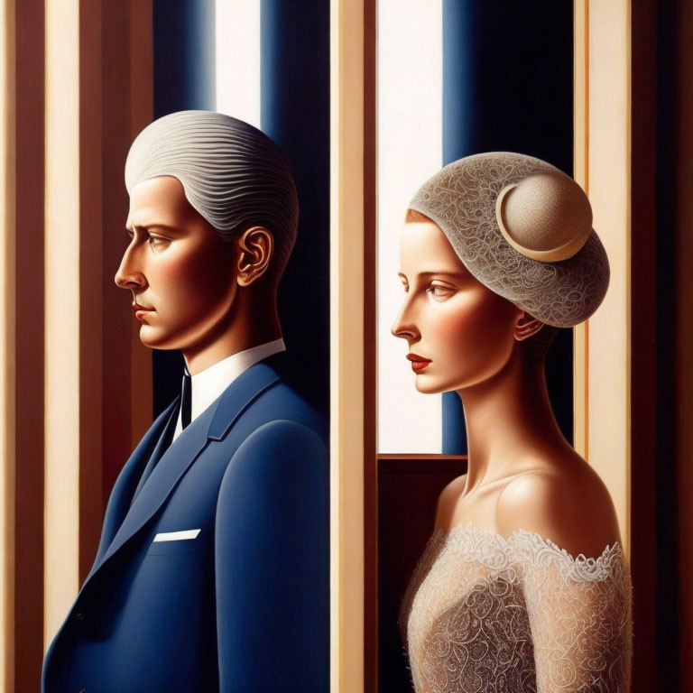 Vintage Elegant Man and Woman Profile Illustration with Vertical Frames