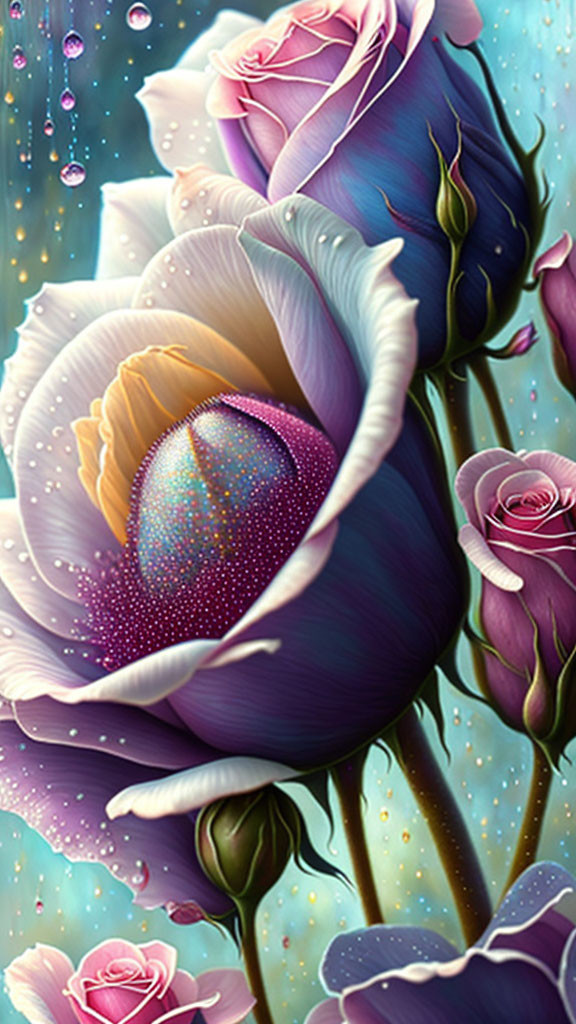 Colorful roses and tulips with fantasy sphere in ethereal setting