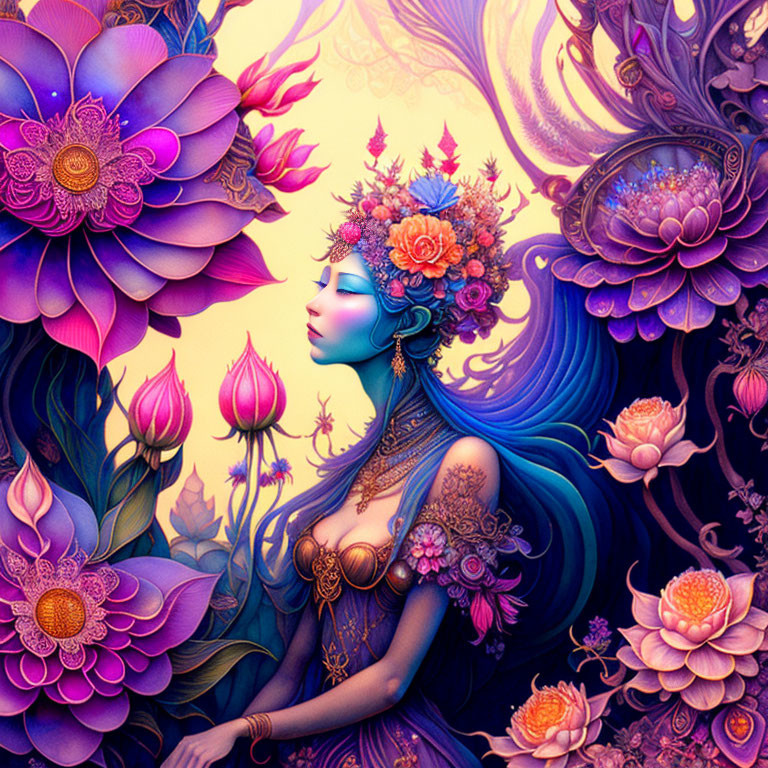 Woman with Blue Skin and Flowing Hair Adorned with Floral Elements