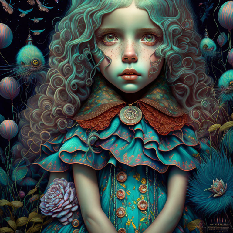 Digital painting: Girl with expressive eyes, jellyfish & marine patterns