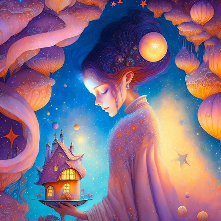 Starry woman holding glowing miniature house in mystical setting